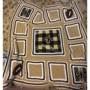 New Orleans Saints Handmade Crocheted Afghan Throw Blanket Football 68" X 68"